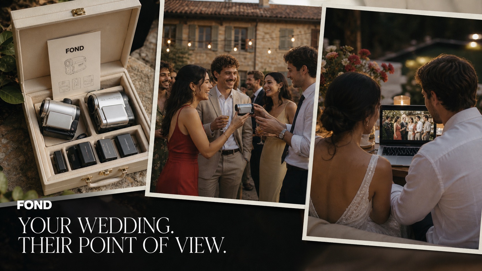 A FOND camcorder kit, wedding guests filming, and a couple watching their wedding footage