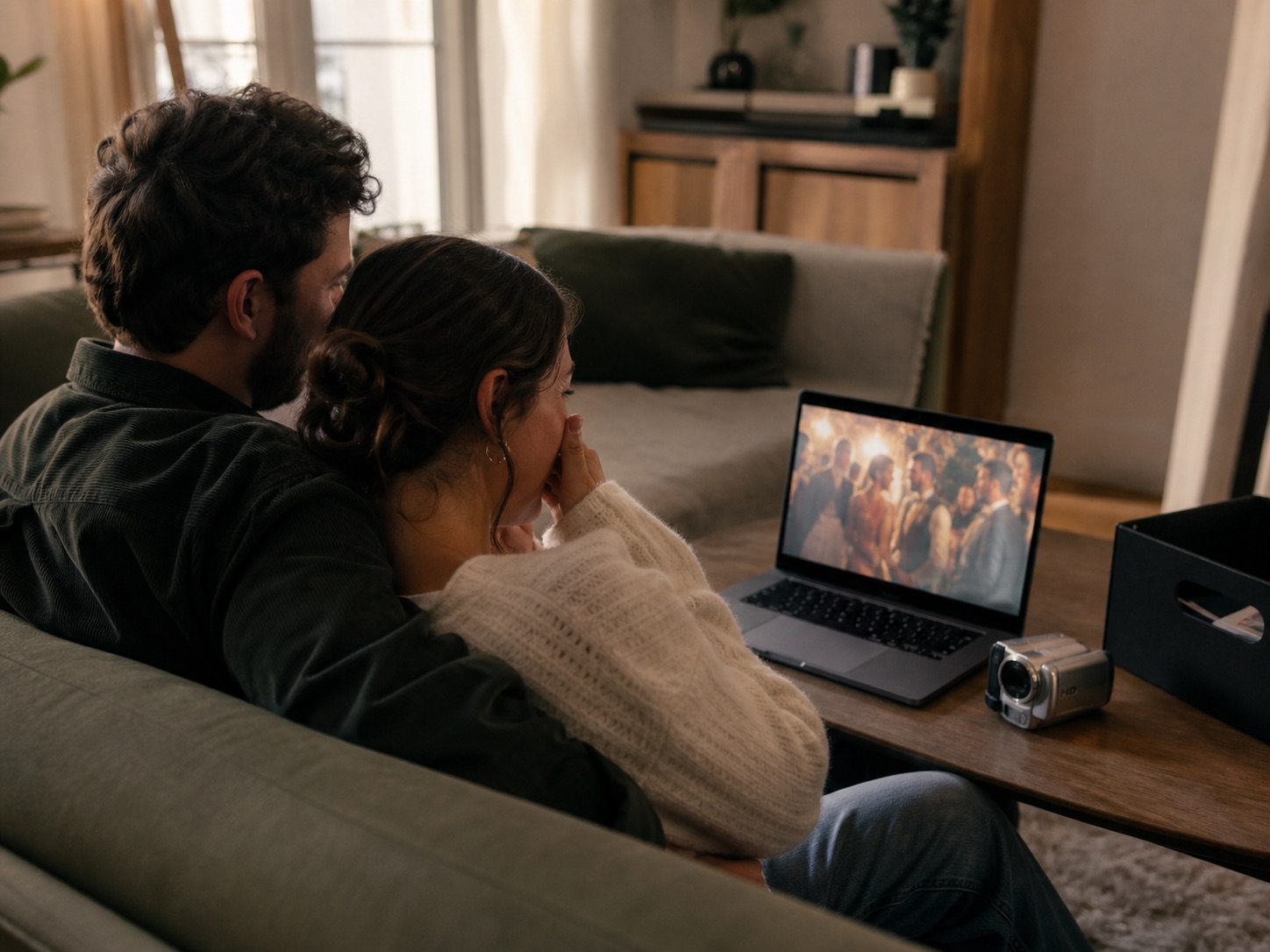 A couple watching their finished wedding film at home