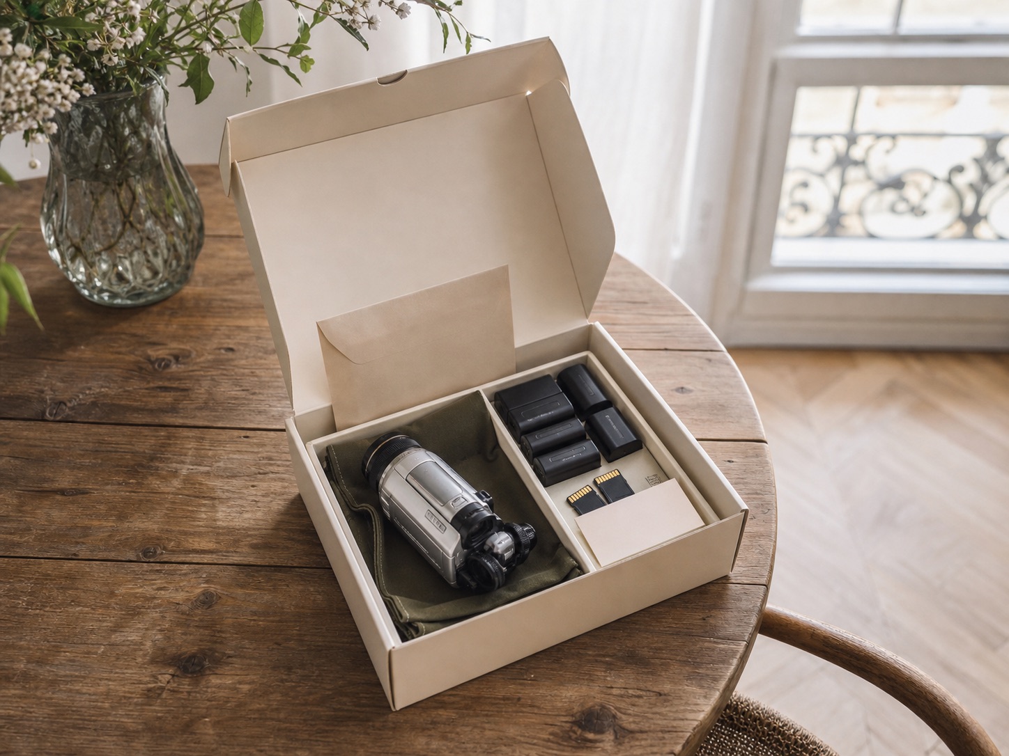 A wedding camcorder kit ready in its delivery box